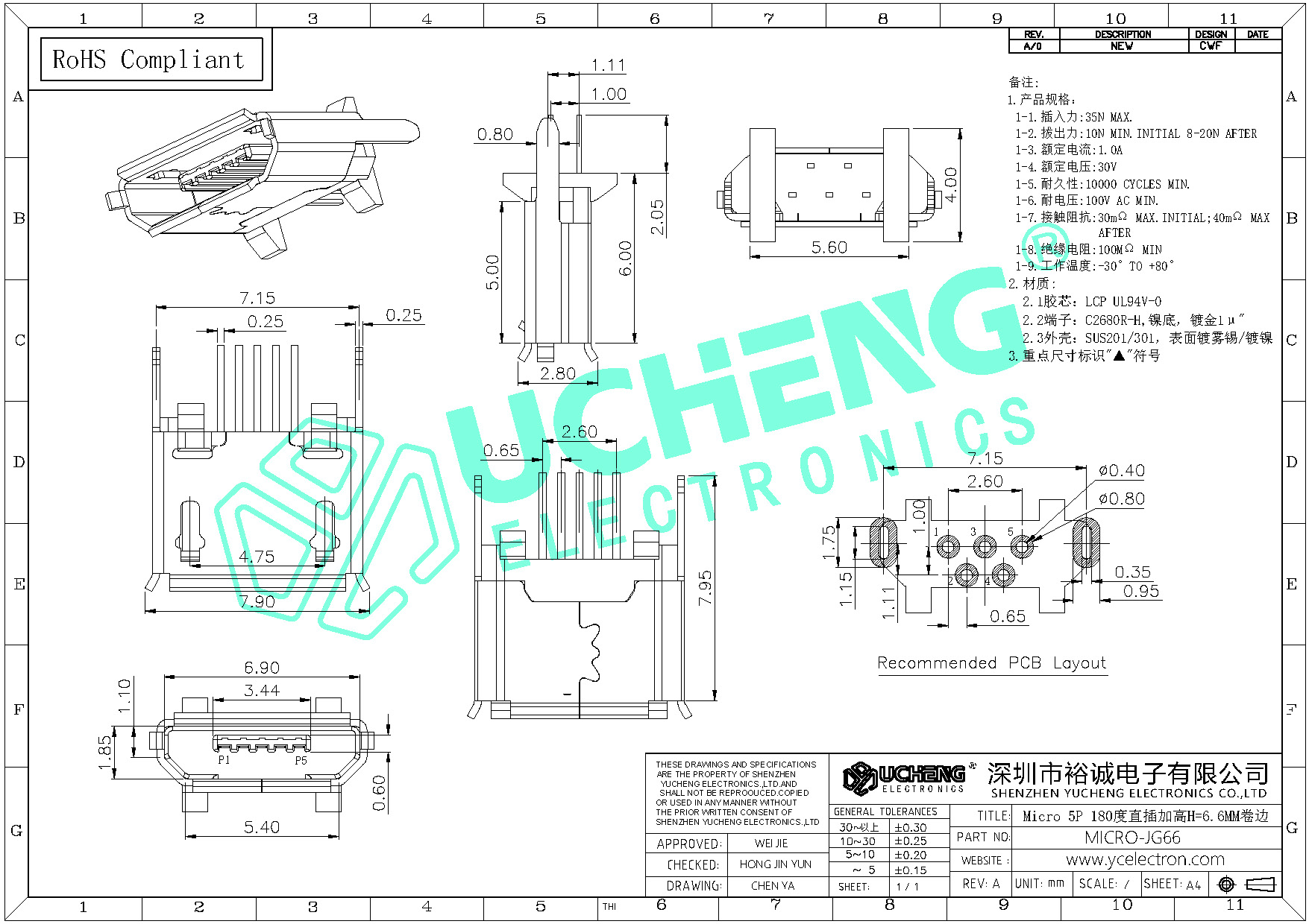 MICRO-JG66-Micro 5P180度直插加高H=6