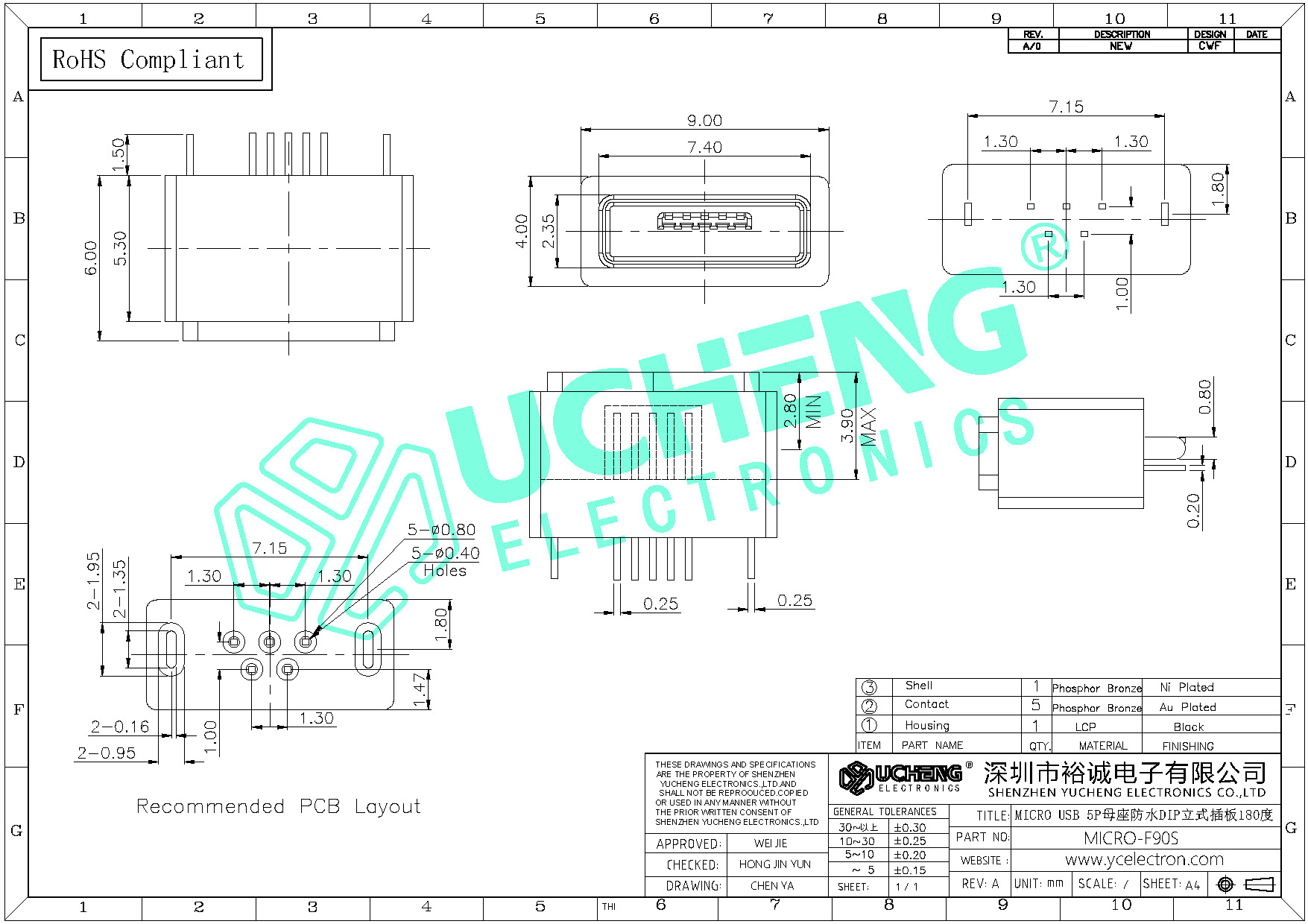 MICRO-F90S-MICRO USB 5P母座防水DIP立式插板180度-