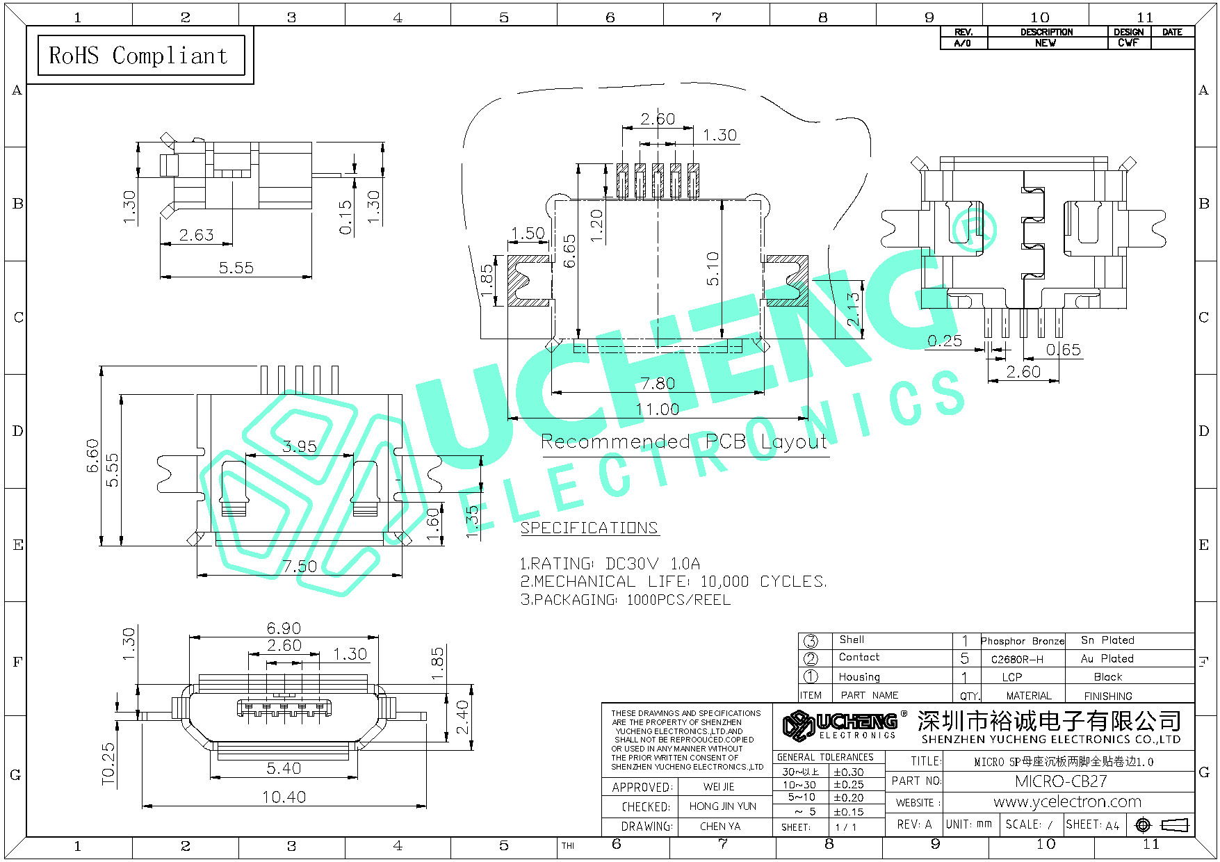 MICRO-CB27-MICRO 5P母座沉板两脚全贴卷边1