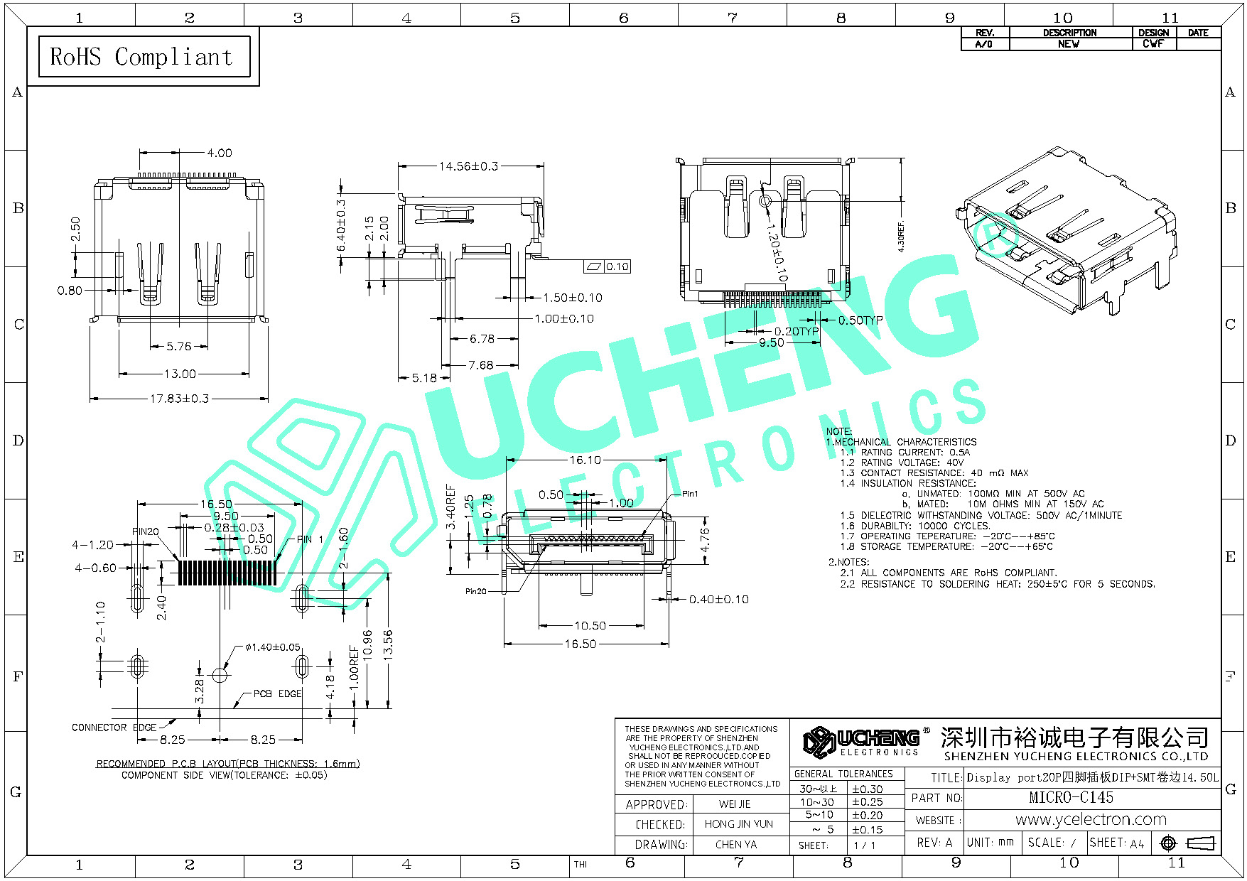 MICRO-C145-Display port20P四脚插板DIP+SMT卷边14