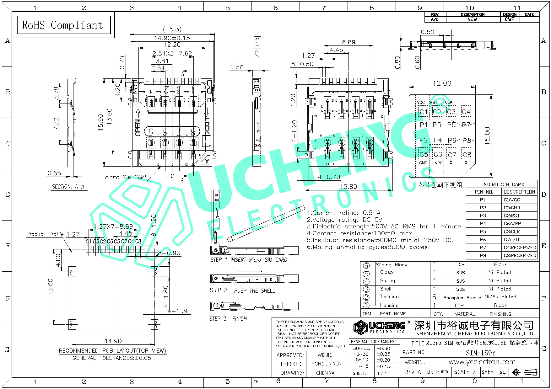SIM-159Y-Micro SIM 6Pin贴片SMT式1