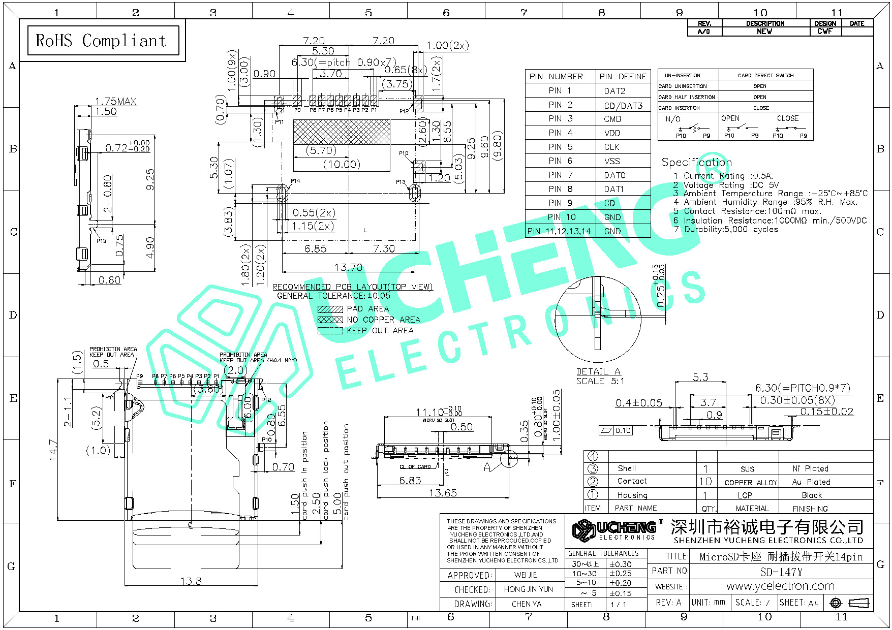 SD-147Y-MicroSD卡座 耐插拔带开关14pin--