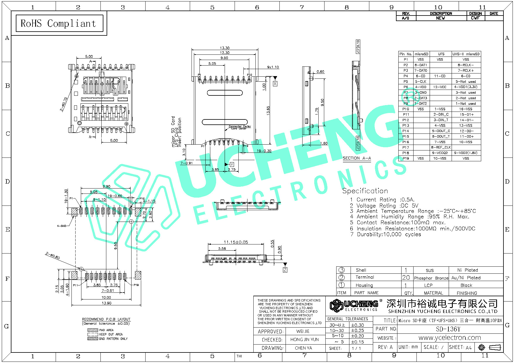 SD-136Y-Micro SD卡座（TF+UFS+UHS）三合一 耐高温10PIN--