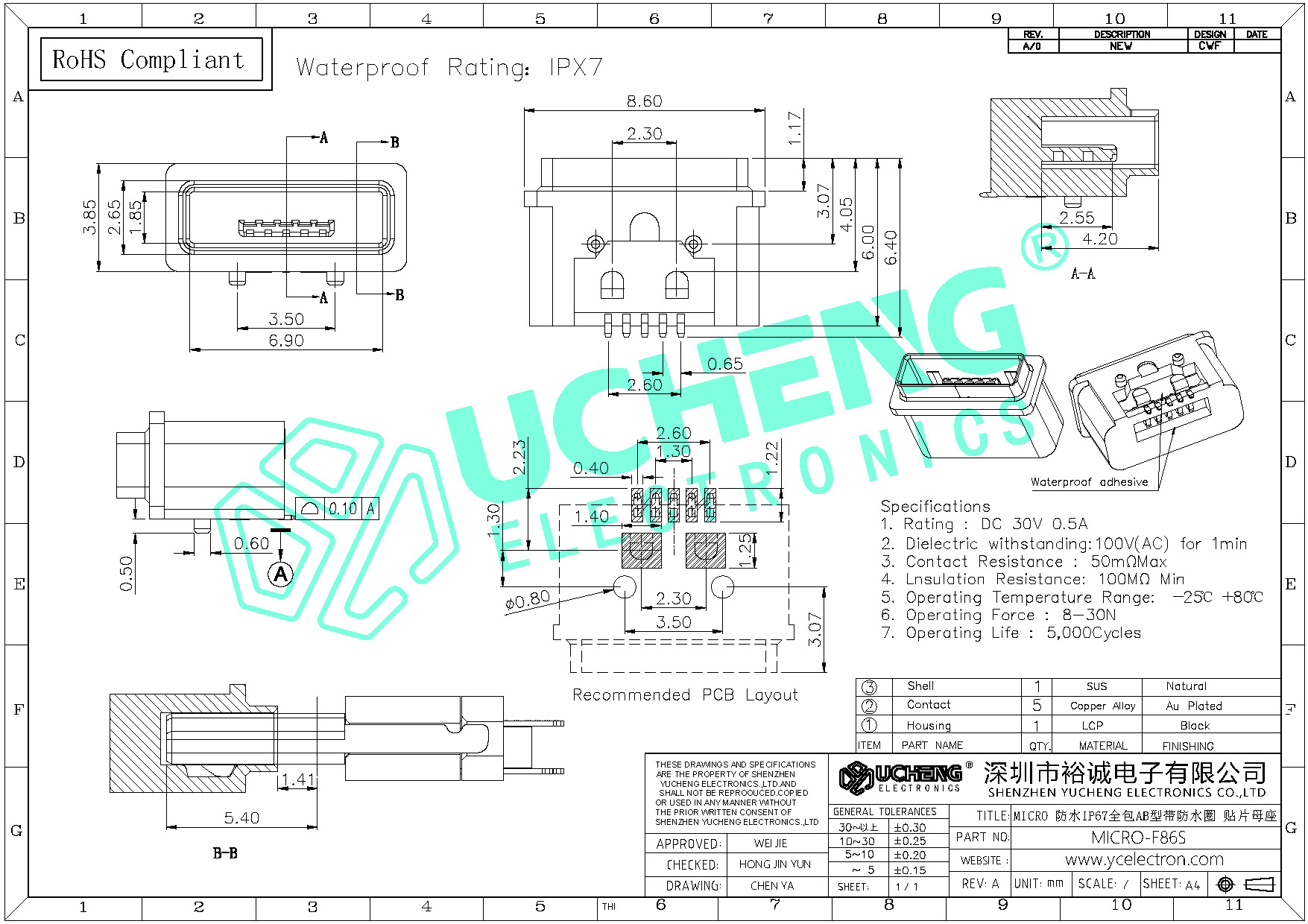 MICRO-F86S-MICRO 防水IP67全包AB型带防水圈 贴片母座-