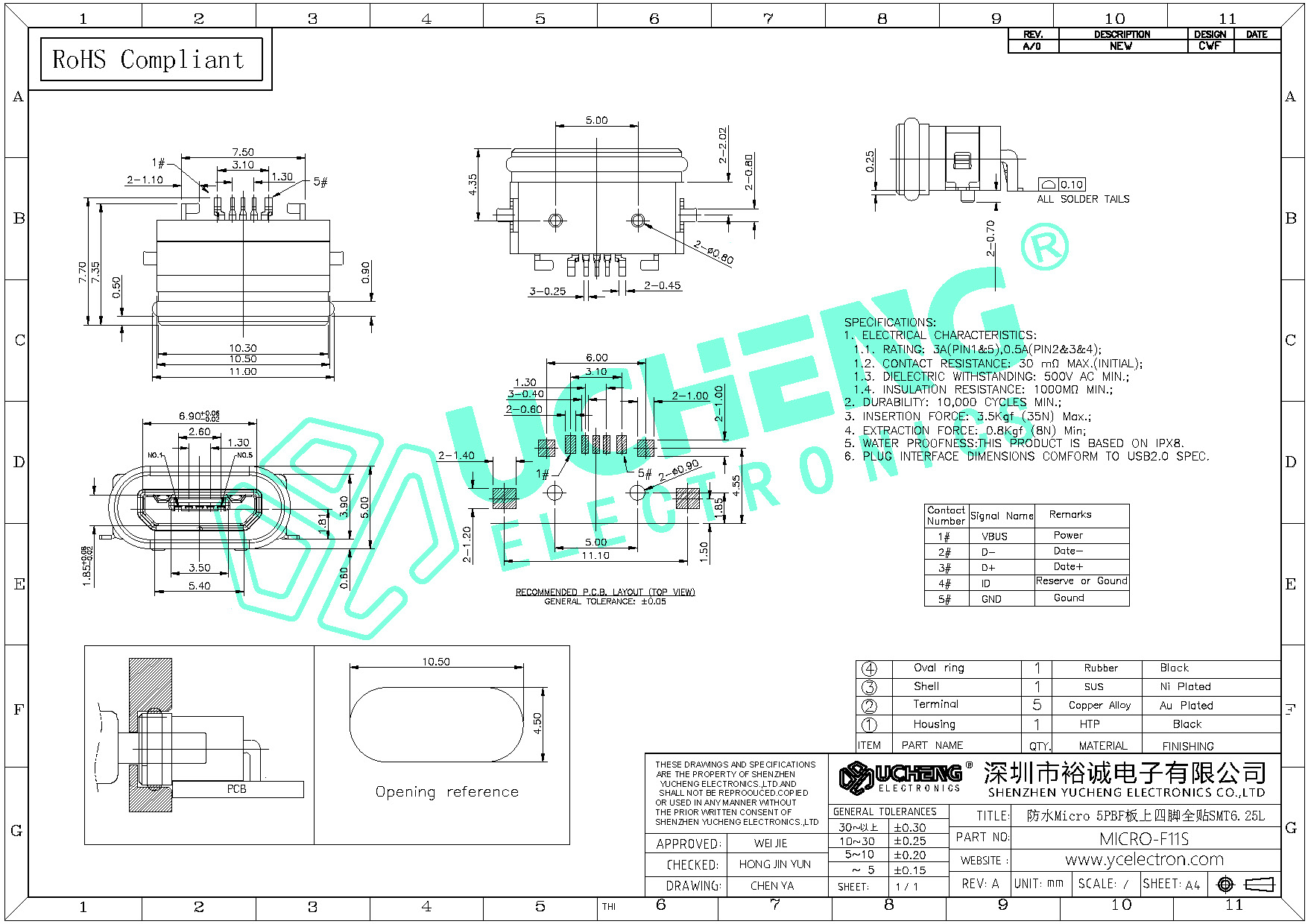 MICRO-F11S-防水Micro 5P板上四脚全贴SMT6