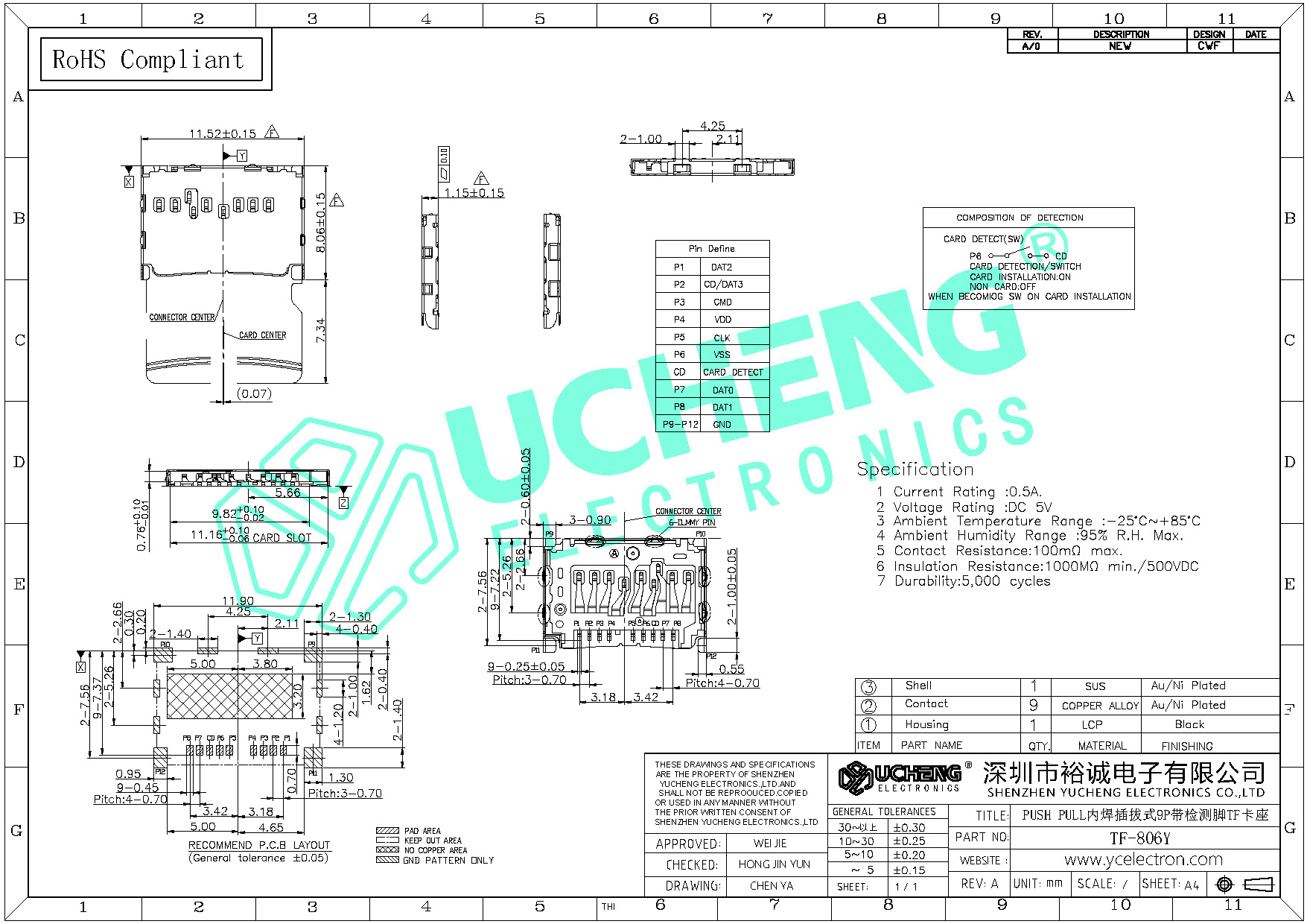 TF-806Y-PUSH PULL内焊插拔式9P带检测脚TF卡座--